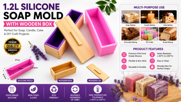 Thickened Rectangle Silicone Soap Mold with Wooden Box – Reusable DIY Soap Making Loaf Mold Kit for Handmade Soap, Candle & Cake Baking